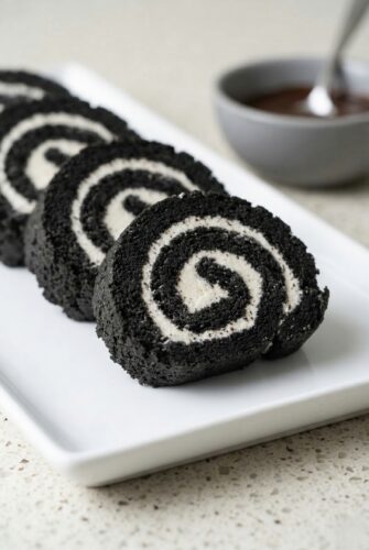 Close-up of Oreo sushi rolls with a spiral cream center on a plate, showcasing a fun and easy no-bake cookies and cream dessert.