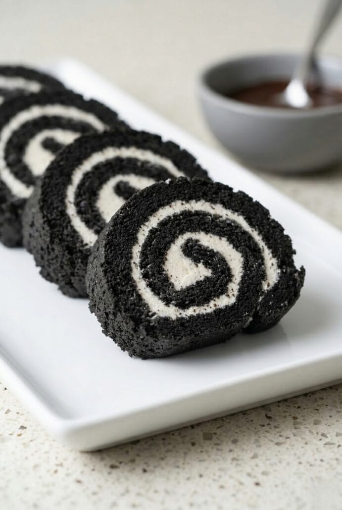 Close-up of Oreo sushi rolls with a spiral cream center on a plate, showcasing a fun and easy no-bake cookies and cream dessert.