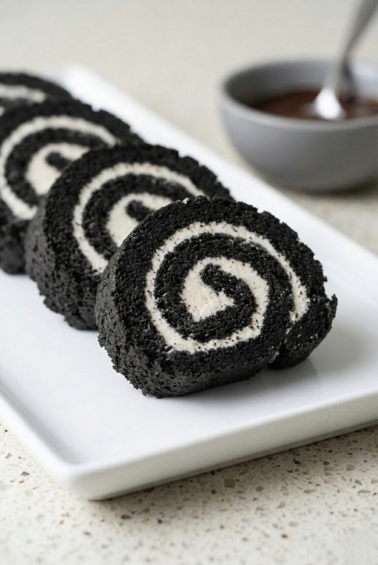 Close-up of Oreo sushi rolls with a spiral cream center on a plate, showcasing a fun and easy no-bake cookies and cream dessert.