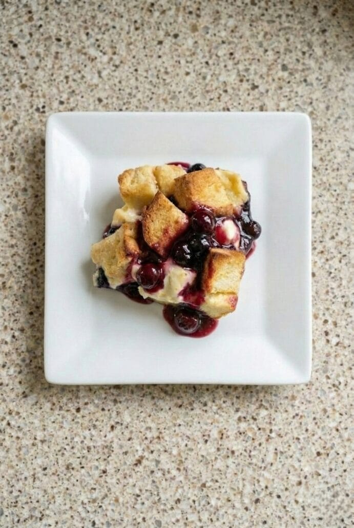 The image shows a serving of Overnight Blueberry French Toast Casserole on a white plate, drizzled with rich blueberry sauce.