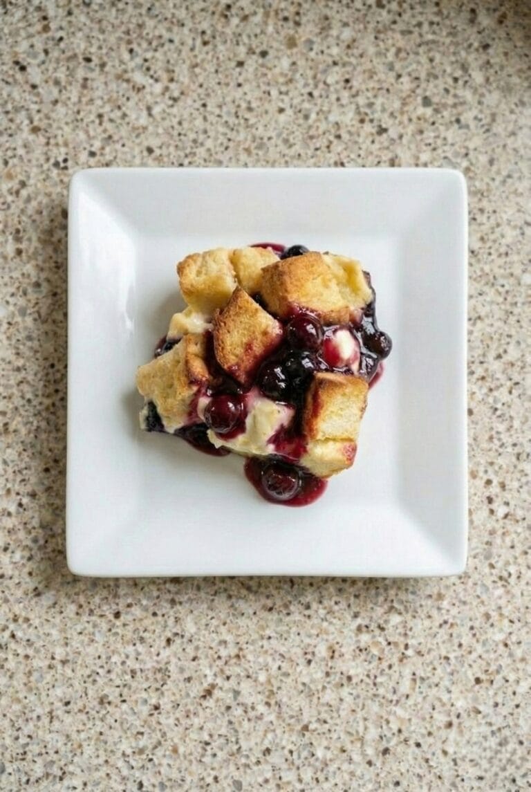 The image shows a serving of Overnight Blueberry French Toast Casserole on a white plate, drizzled with rich blueberry sauce.