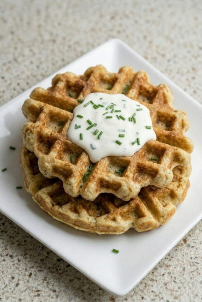 Crispy homemade potato waffles topped with sour cream and chives, served as a savory breakfast or side dish.