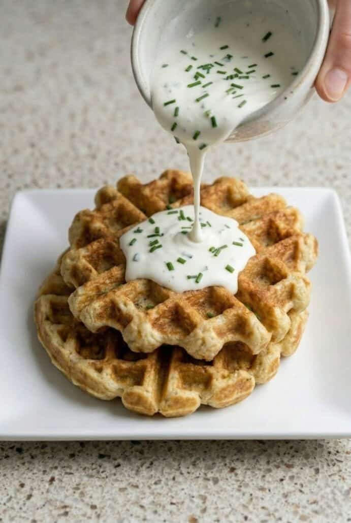Creamy sour cream being poured over crispy potato waffles and topped with chives.