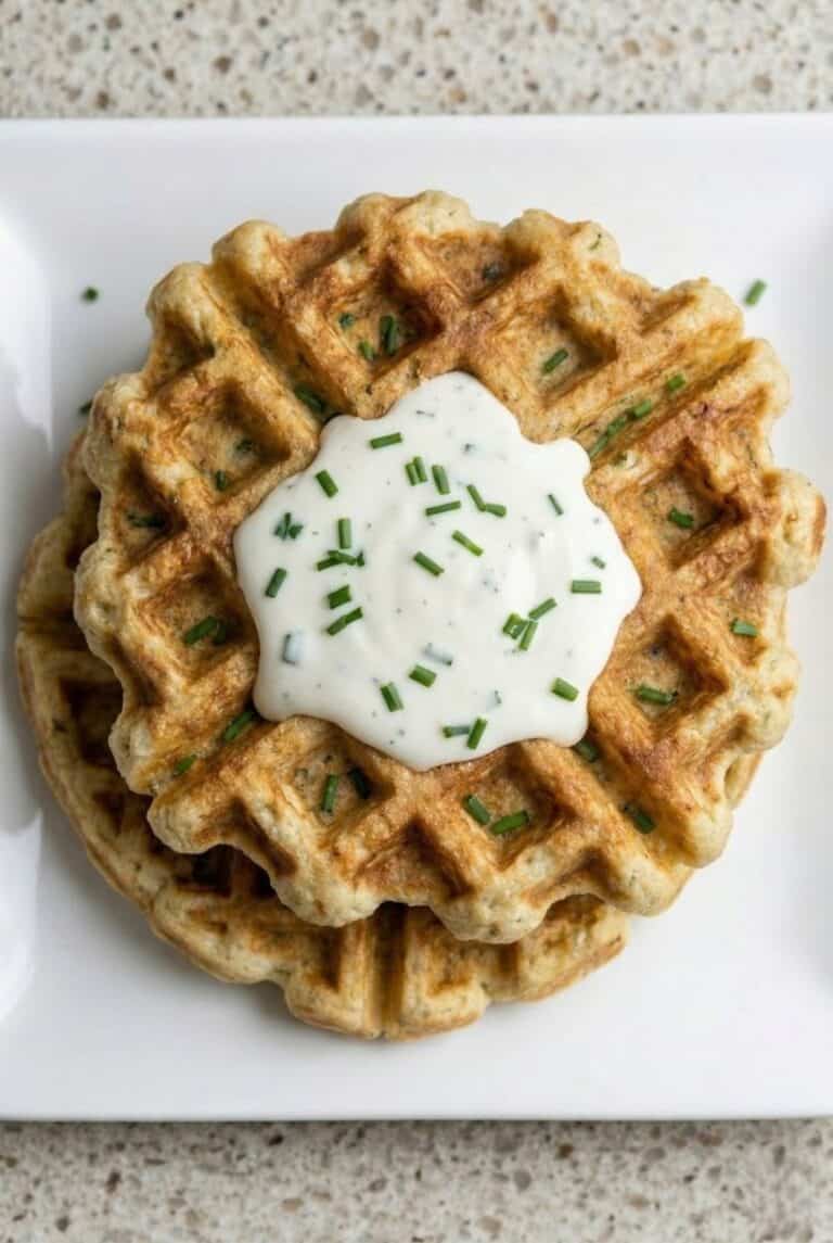 Crispy homemade potato waffle topped with sour cream and chopped chives, a savory waffle made from leftover mashed potatoes.