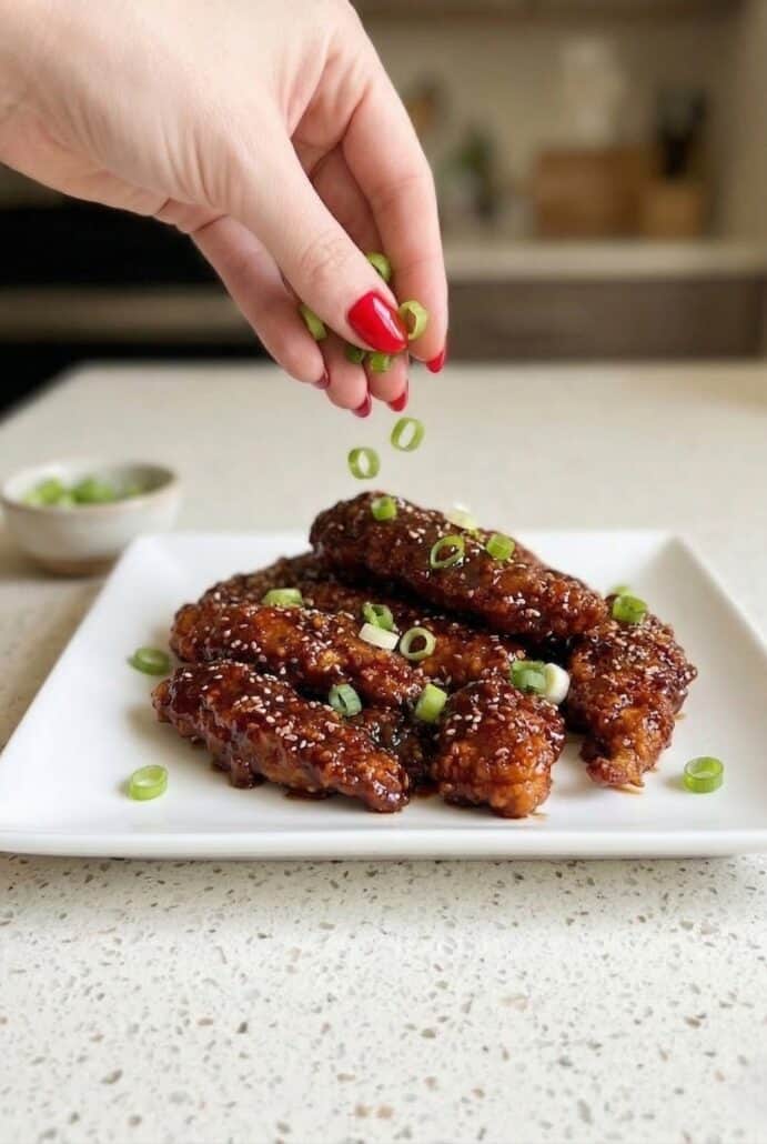 Hand sprinkling chopped green onions over crispy Korean fried chicken coated in spicy sauce.