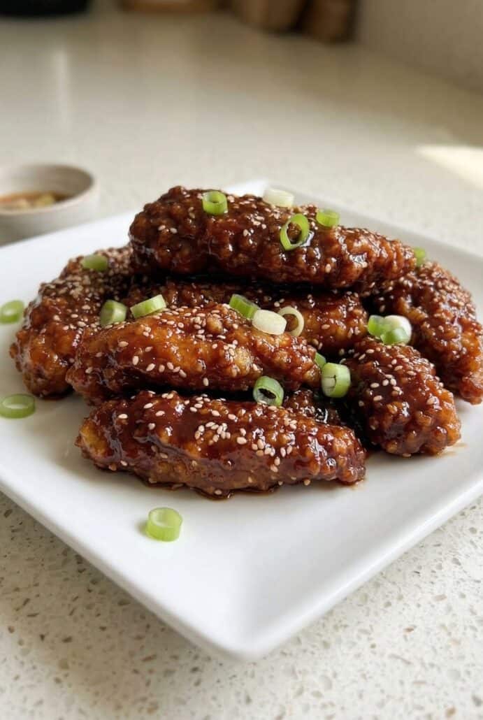 Crispy Korean fried chicken coated in a sticky sweet and spicy sauce, garnished with sesame seeds and green onions.