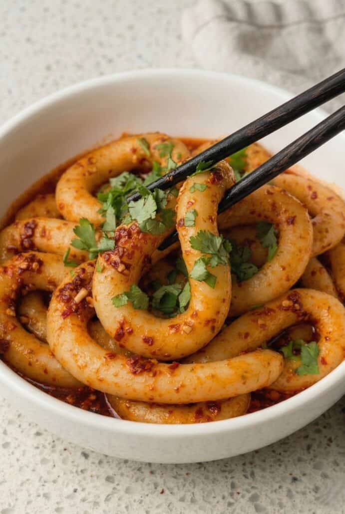 Chopsticks lifting spicy potato noodles from a bowl, showing the thick chewy texture and chili oil coating in this easy homemade recipe..