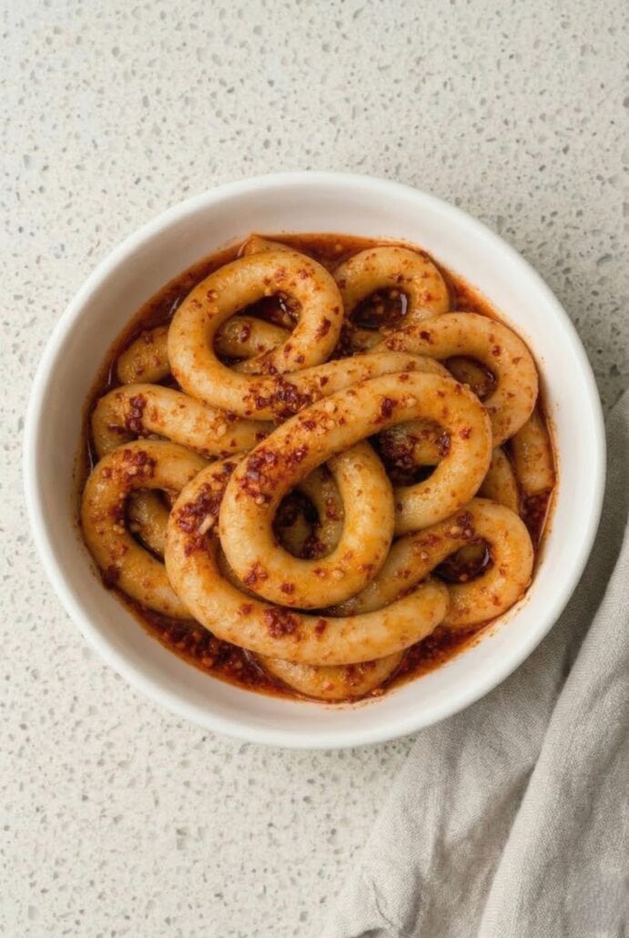 Spicy potato noodles coated in chili oil sauce, highlighting the thick, chewy texture of this homemade Asian-inspired noodle dish.