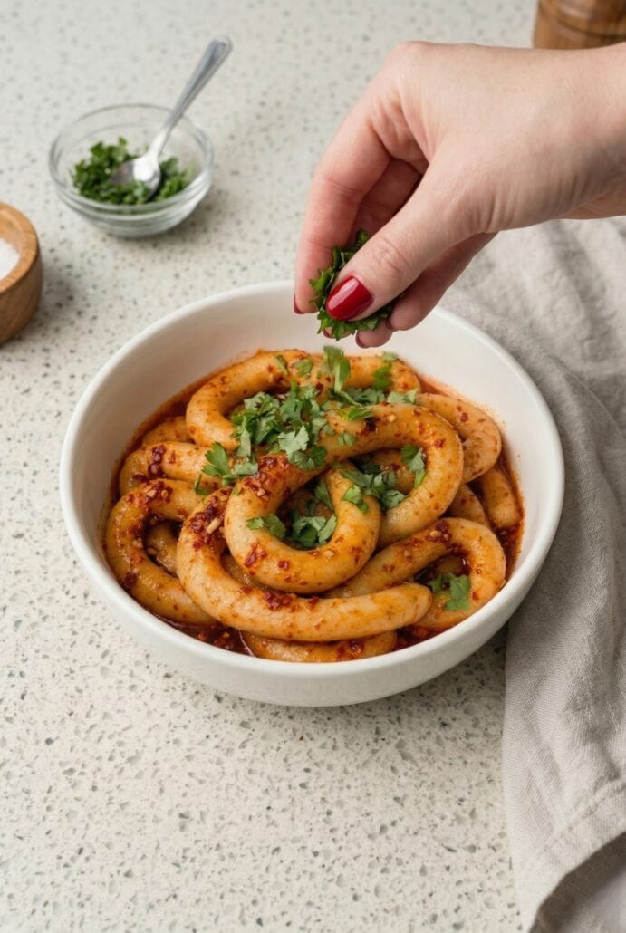 Hand sprinkling fresh herbs over spicy potato noodles, showing the final garnish step.