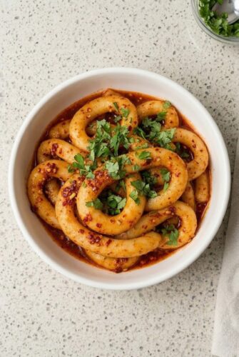 Spicy Potato Noodles Recipe - So Easy And Full Of Flavor Spicy potato noodles in a bowl garnished with fresh herbs, showcasing the chewy texture and chili oil sauce.