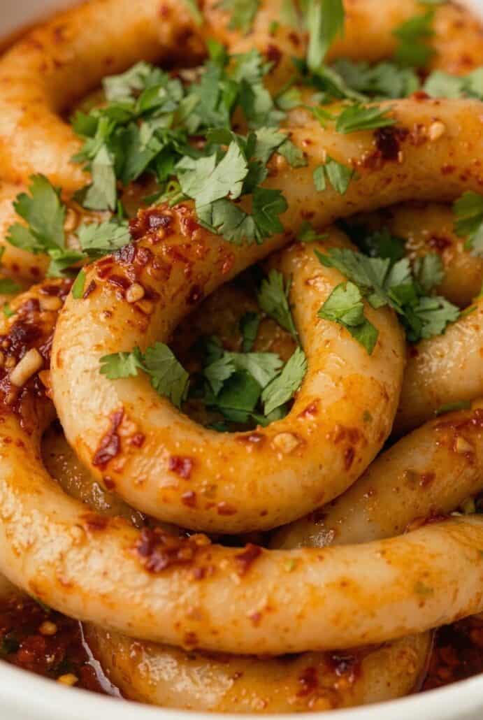 Close-up of spicy potato noodles coated in chili oil and topped with fresh herbs, highlighting the chewy texture and bold flavors.