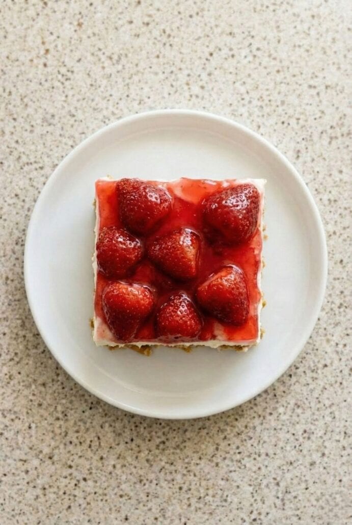 Square slice of strawberry pretzel salad on a white plate, featuring a crunchy pretzel crust, creamy cheesecake layer, and glossy strawberry topping.