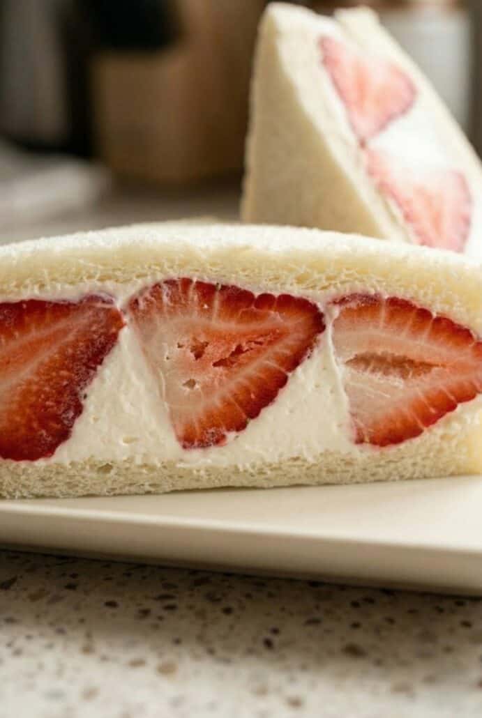 Close-up of strawberry sando slice showing layers of fluffy whipped cream and fresh strawberries inside soft white bread.