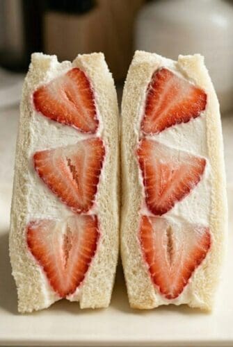 Strawberry Sando Recipe - Japanese Fruit Sandwich with Fluffy Cream Filling Strawberry sando with whipped cream and fresh strawberry slices arranged inside soft white bread.