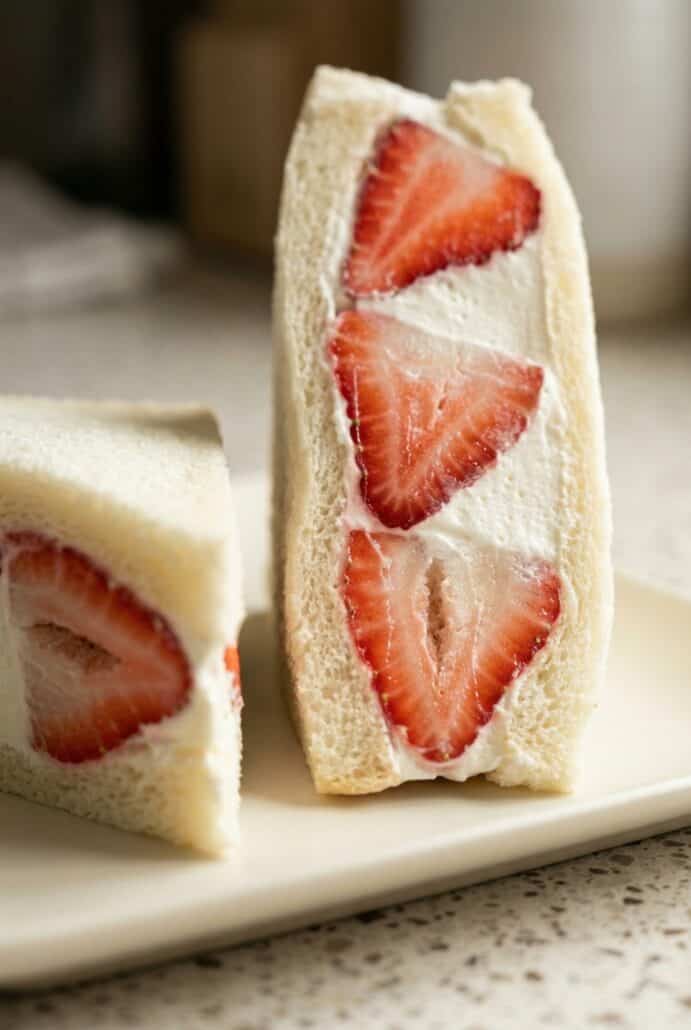 Close-up of strawberry sando halves with visible strawberry slices and whipped cream inside soft bread, showcasing the neat layered pattern.