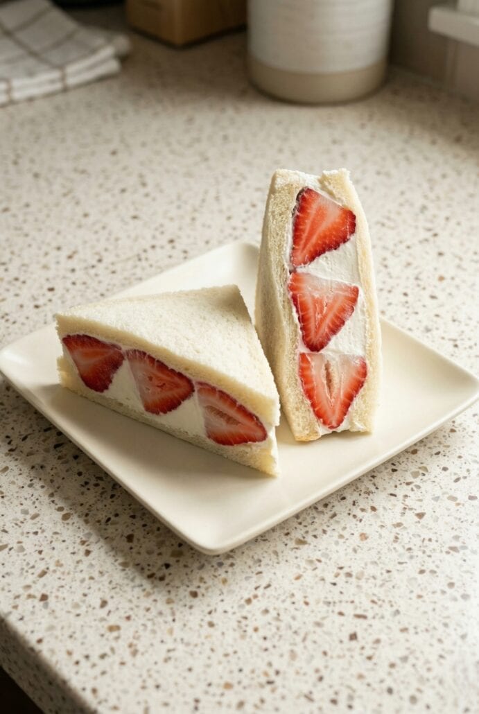 Sliced strawberry sando on a plate, featuring fluffy whipped cream and fresh strawberries inside soft bread.