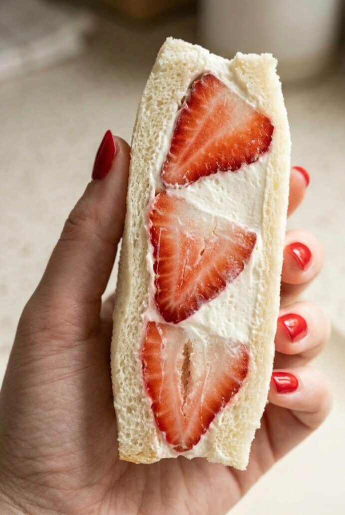 Close-up of strawberry sando halves with visible strawberry slices and whipped cream inside soft bread, showcasing the neat layered pattern.