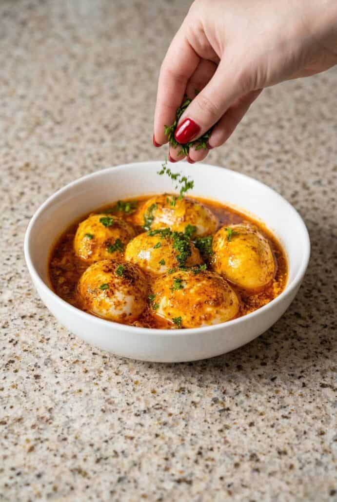 TikTok egg boil served in a bowl with rich spicy butter sauce, garnished with herbs for a bold and easy egg recipe.