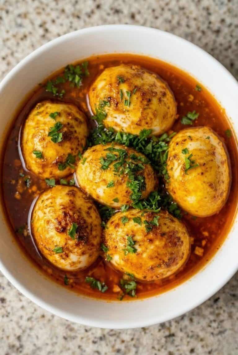 Spicy TikTok egg boil with buttery Cajun sauce, featuring boiled eggs coated in rich garlic seasoning for an easy high-protein meal.