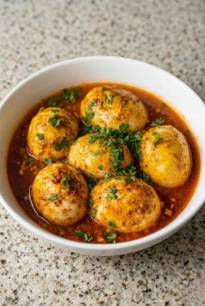 TikTok egg boil in a bowl with rich Cajun butter sauce and herbs, showing a quick and flavorful high-protein egg recipe.