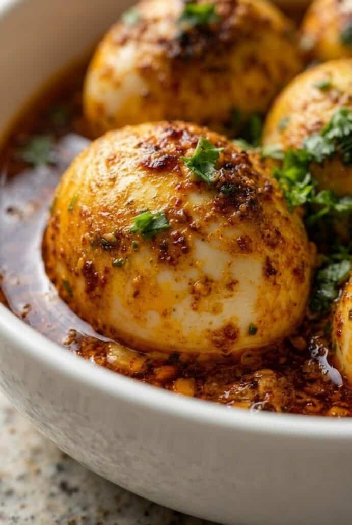 Close-up of TikTok egg boil coated in spicy garlic butter sauce, highlighting the rich seasoning and texture.