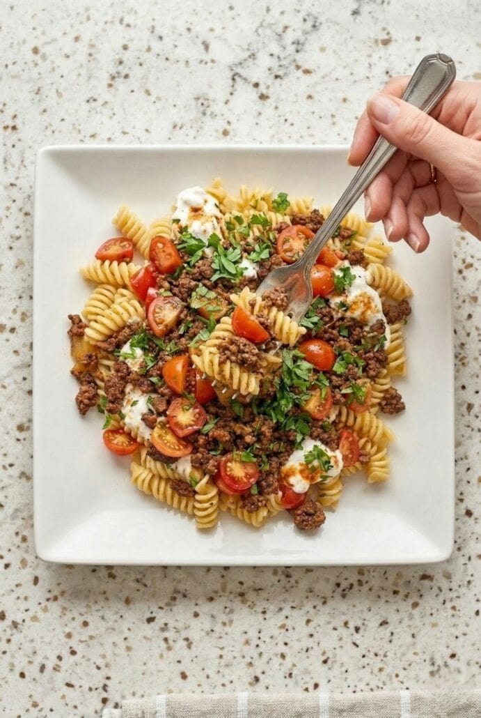 A hand picking up a forkful of fusilli pasta topped with ground beef, cherry tomatoes, yogurt sauce, and fresh parsley, ready to enjoy the Turkish Pasta dish.