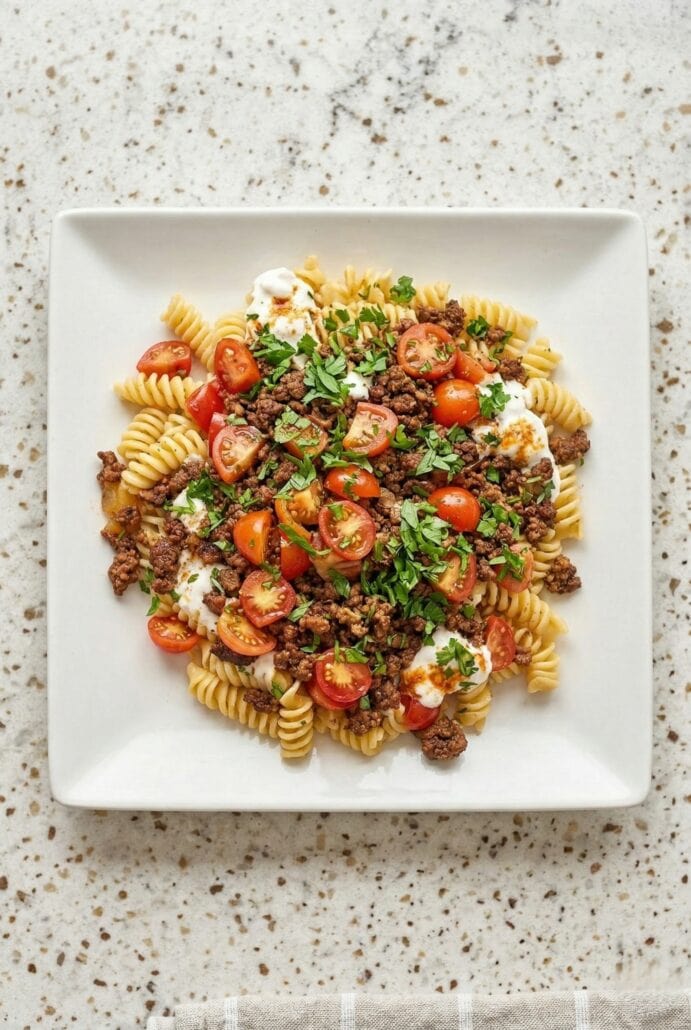 A plate of fusilli pasta topped with ground beef, cherry tomatoes, yogurt sauce, and fresh parsley.
