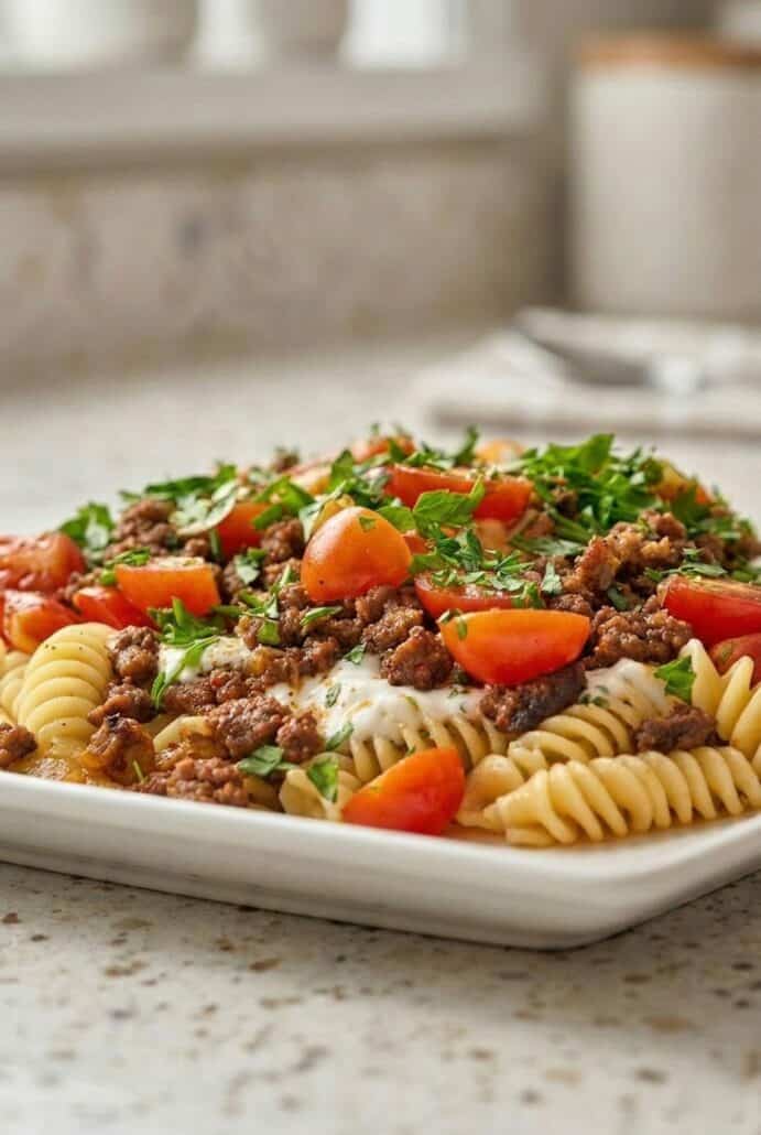 Close-up of a plate of fusilli pasta topped with ground beef, cherry tomatoes, yogurt sauce, and fresh parsley.