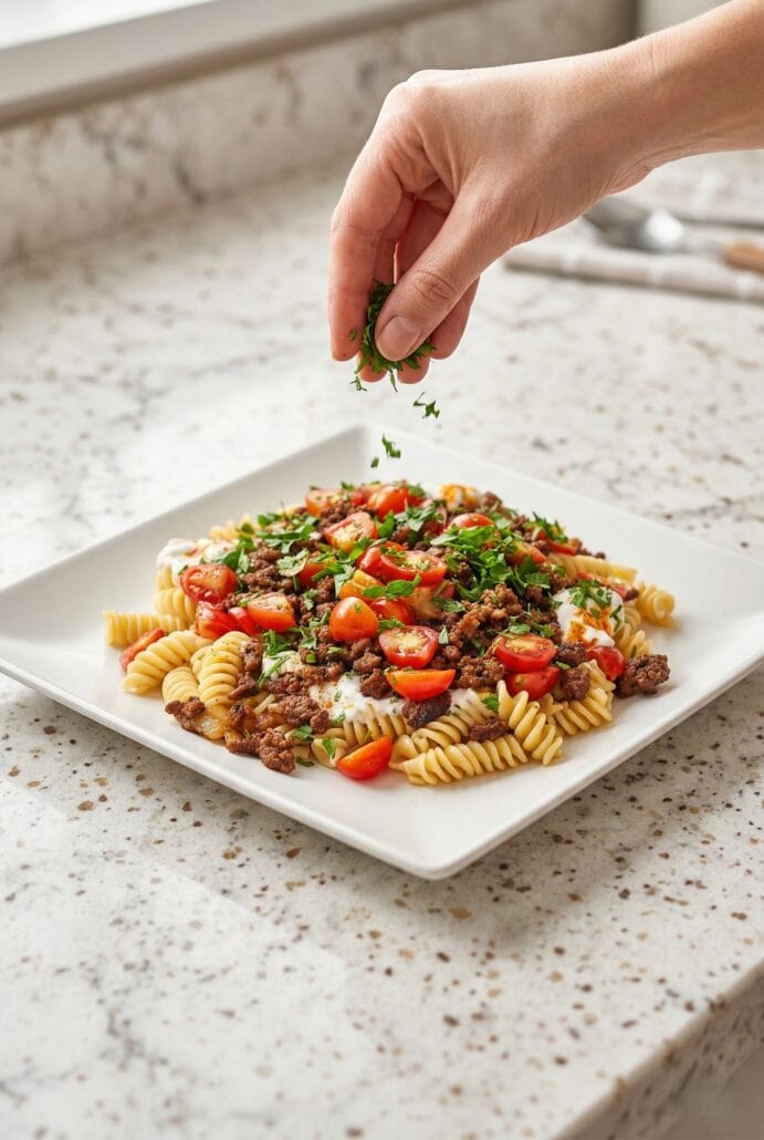 Sprinkling fresh herbs on a plate of fusilli pasta topped with ground beef, cherry tomatoes, and yogurt sauce.