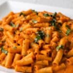 Creamy red pepper pasta made with rigatoni in roasted red pepper sauce.