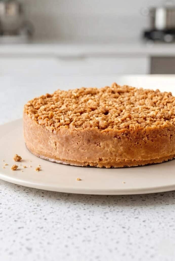 A close-up view of a whole apple crisp cheesecake with a golden, crumbly oatmeal topping, set on a light plate.