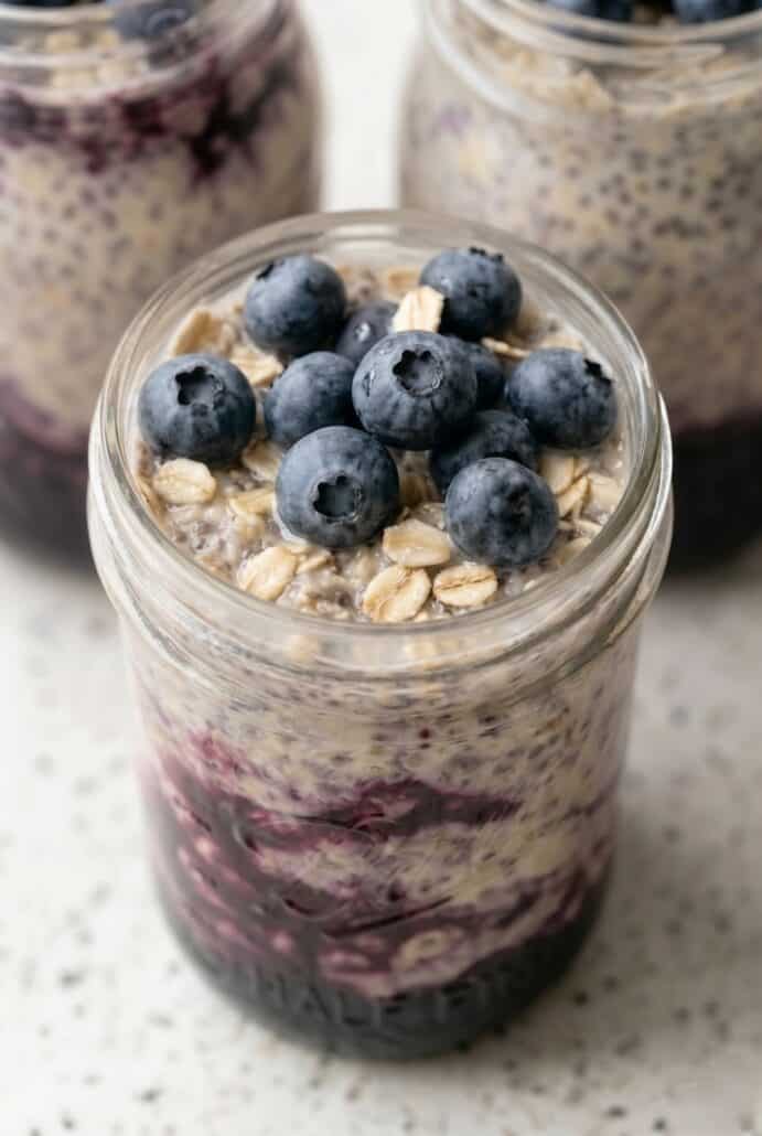 Blueberry overnight oats topped with fresh blueberries in a mason jar, creamy healthy breakfast perfect for easy meal prep.