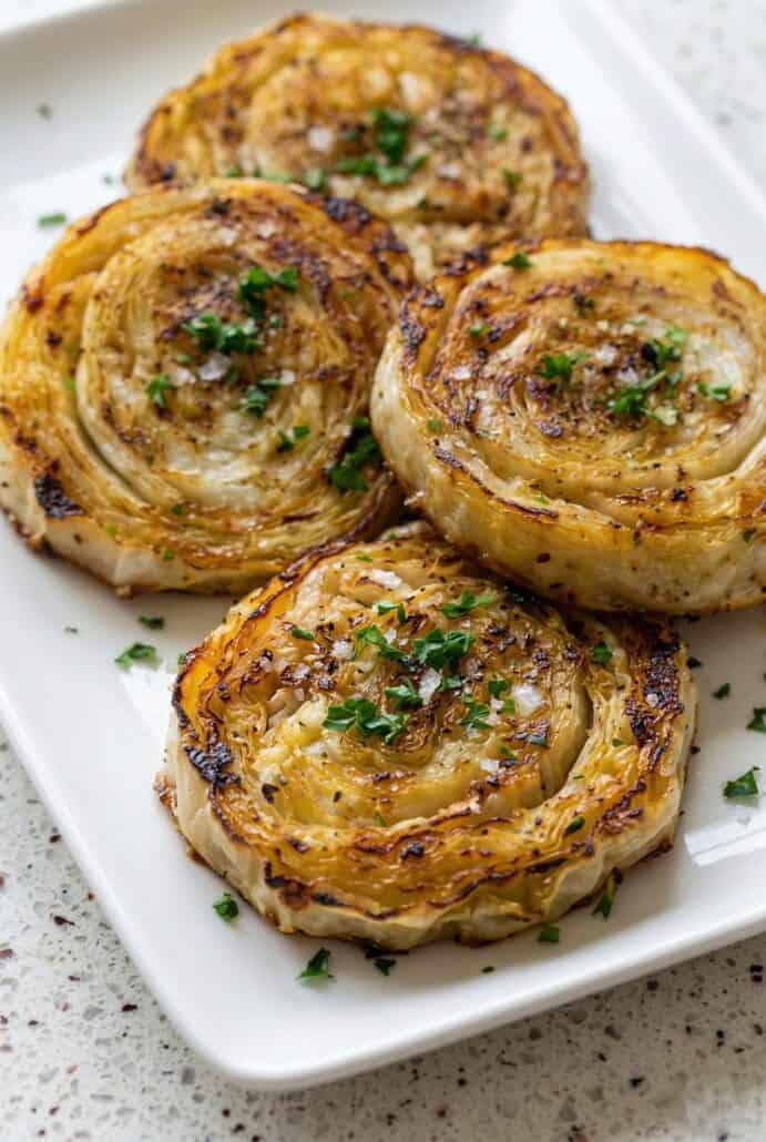 Crispy golden puff pastry pinwheels garnished with herbs, shown as a savory side dish.