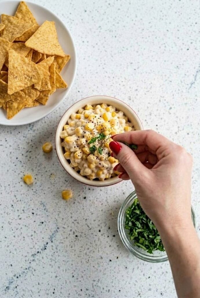 Hand dipping a chip into creamy corn dip, served as a cheesy party appetizer.