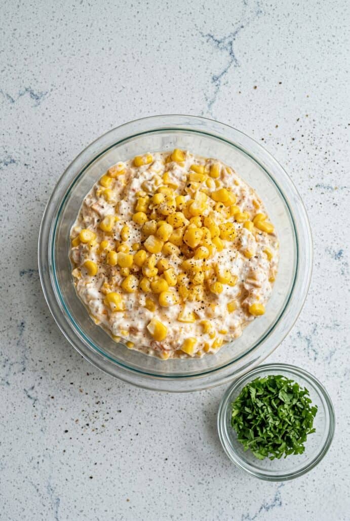Corn dip ingredients in a bowl with sweet corn and creamy base, ready to be mixed for a cheesy appetizer recipe.