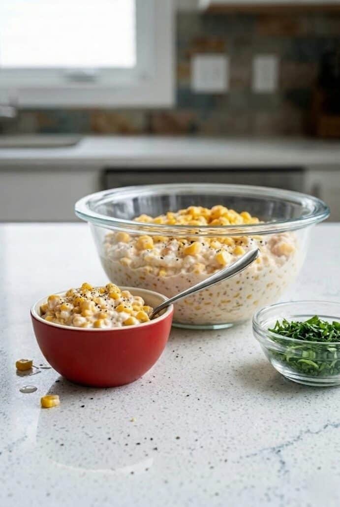 Bowls of corn dip mixture and chopped herbs, showing prep stages for a creamy corn dip appetizer.