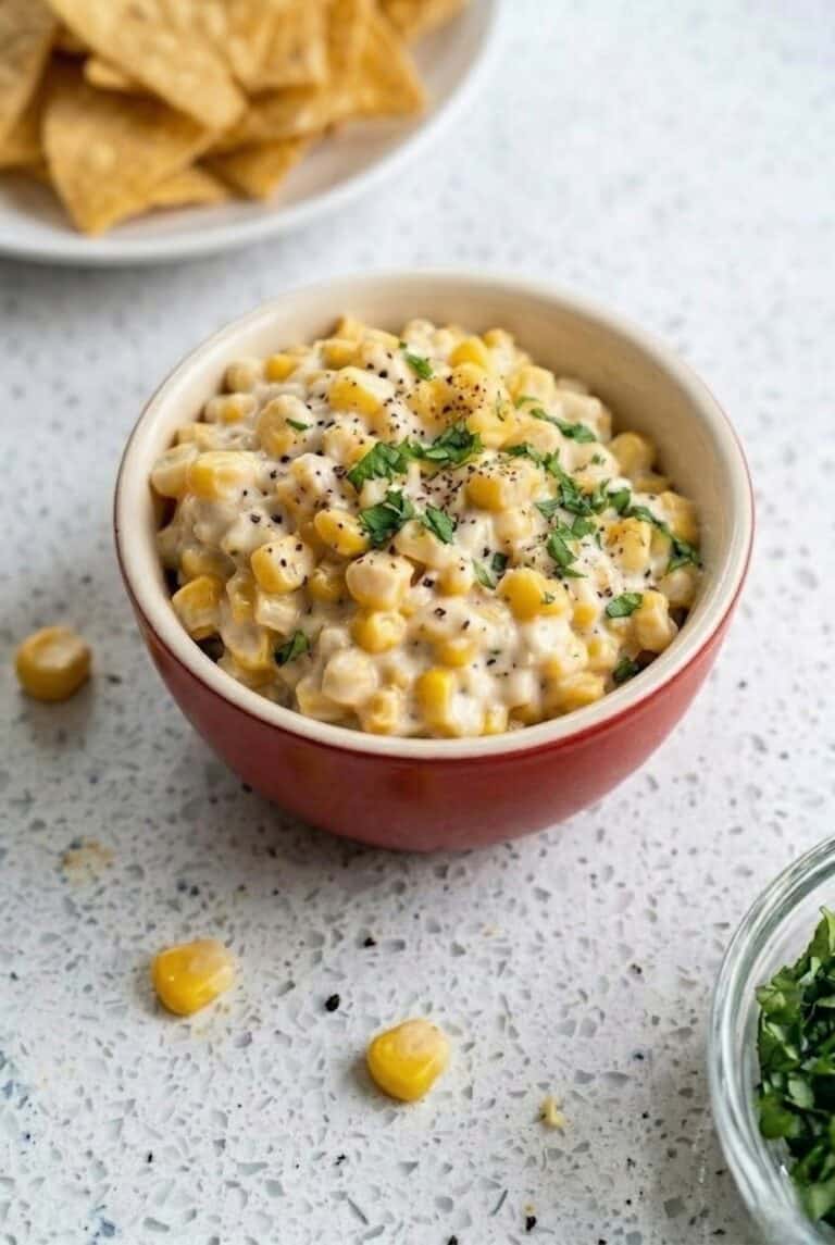 Creamy corn dip in a bowl topped with herbs, served as a cheesy party appetizer.