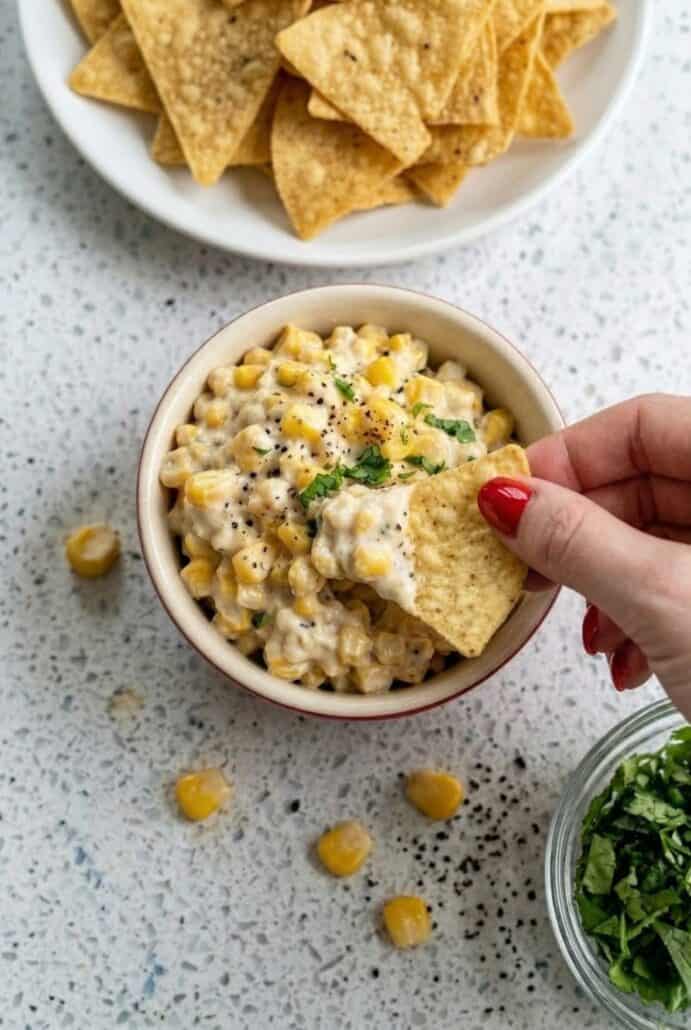 Hand holding a tortilla chip scooping creamy corn dip, perfect for serving as an easy party appetizer.