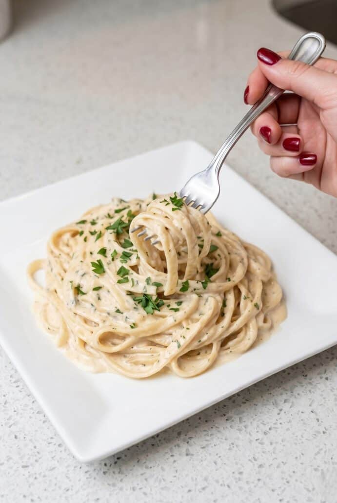 Fork lifting a bite of creamy fettuccine Alfredo, showcasing the rich sauce texture.