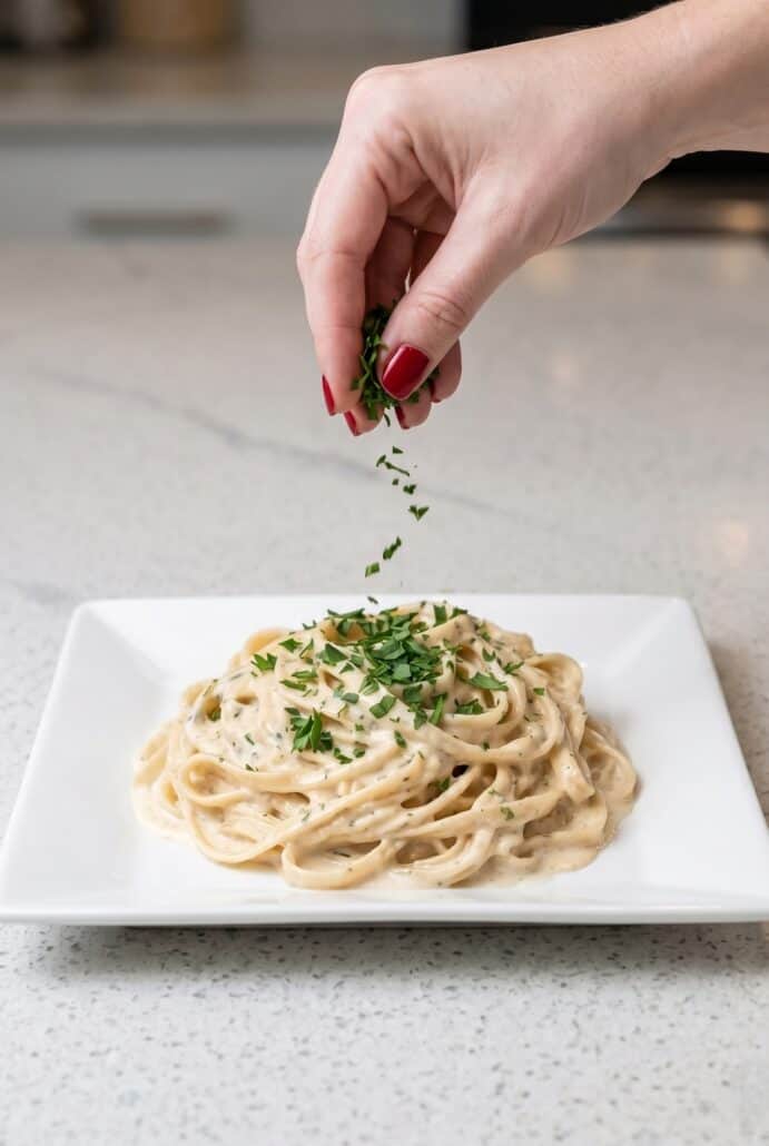 Hand sprinkling fresh parsley over creamy fettuccine Alfredo, finishing the dish.