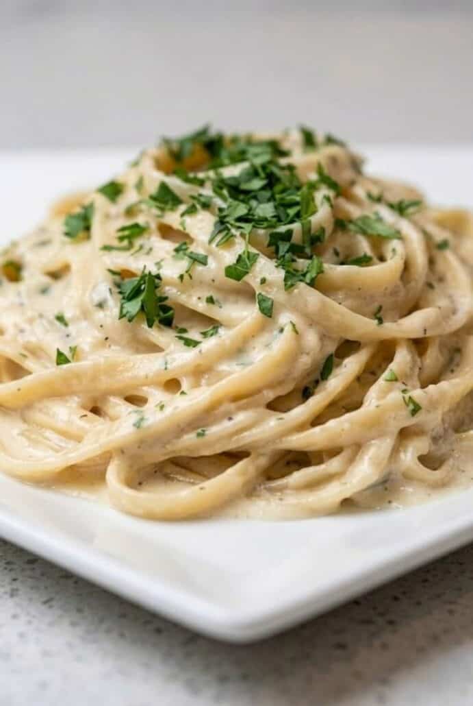 Creamy fettuccine Alfredo pasta garnished with parsley.