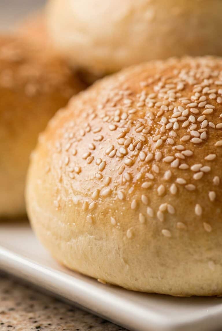 Sesame seed hamburger bun close-up for homemade hamburger buns.