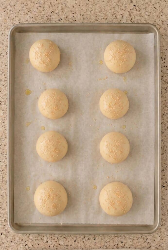 Shaped hamburger bun dough balls on baking sheet before rising for homemade buns recipe.