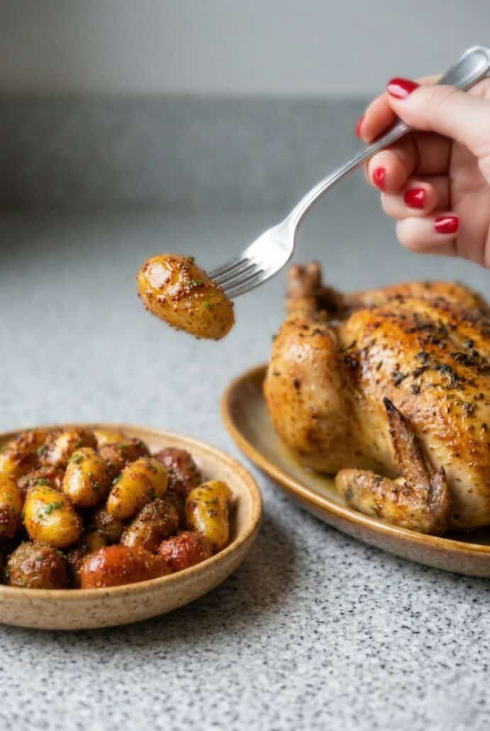 Serving honey mustard baby potatoes with roasted chicken, a perfect easy side dish pairing for a flavorful dinner.