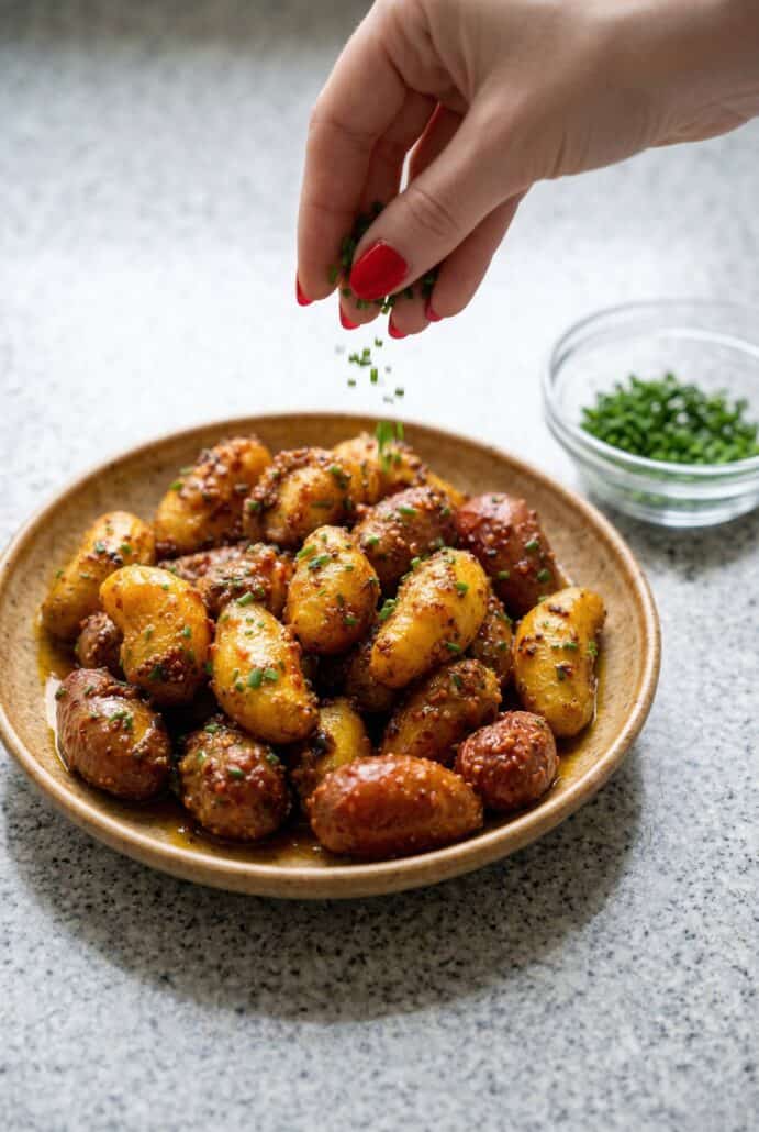 Honey mustard baby potatoes in a bowl with fresh chives being sprinkled on top.