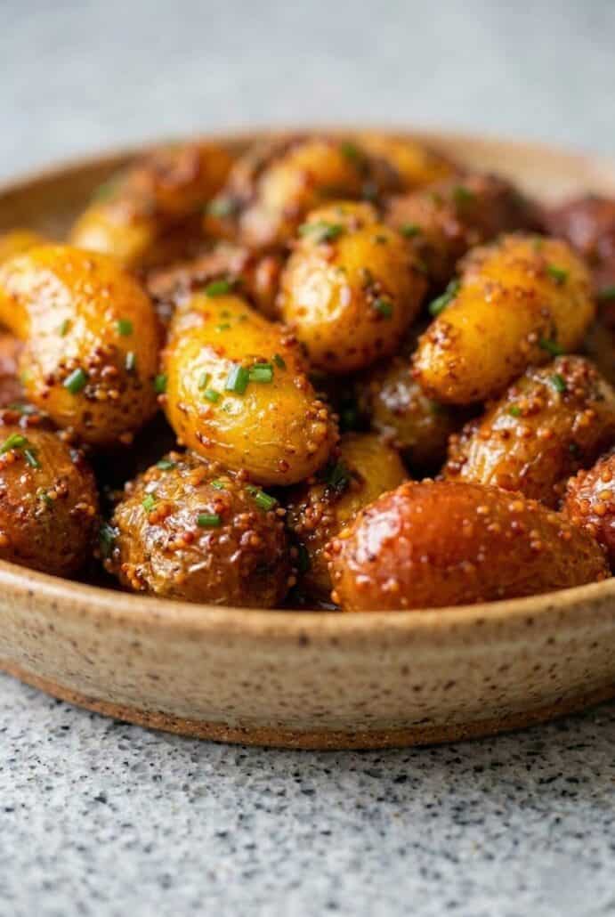 Close-up of glazed honey mustard baby potatoes with herbs, highlighting crispy edges and a rich coating.