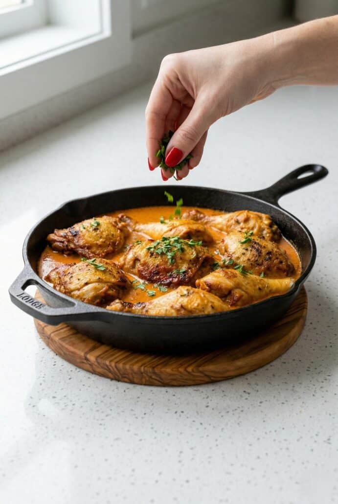Hand sprinkling parsley over creamy chicken paprikash in skillet, showing final garnish step for this easy comfort recipe.