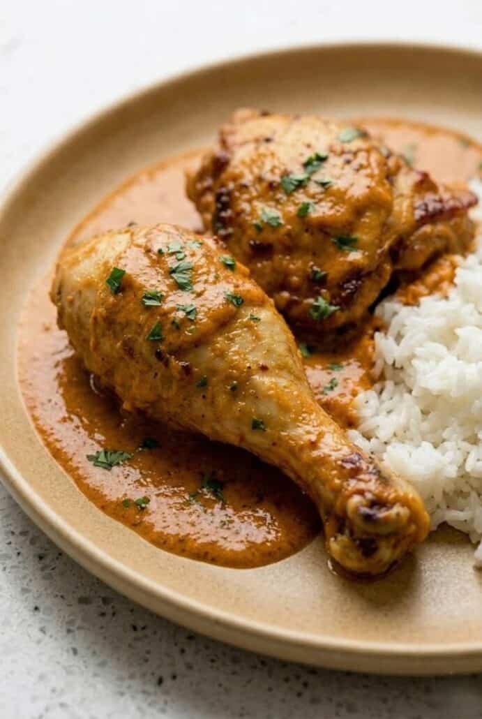 Creamy Hungarian chicken paprikash with rice, showing tender chicken in rich paprika sauce.