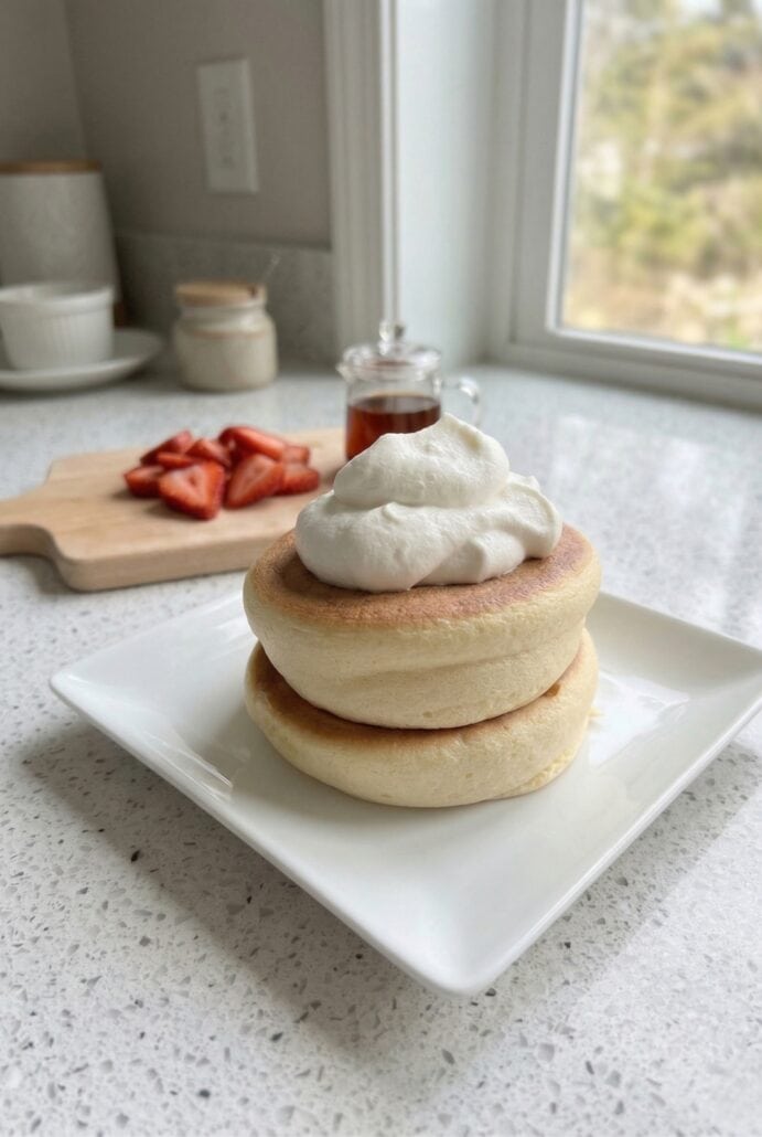 Fluffy Japanese soufflé pancakes stacked high with whipped cream.