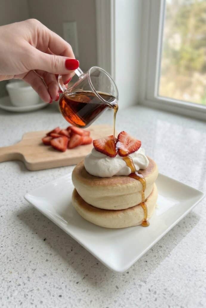 Pouring maple syrup over fluffy Japanese soufflé pancakes topped with whipped cream and strawberries for a cozy homemade brunch.